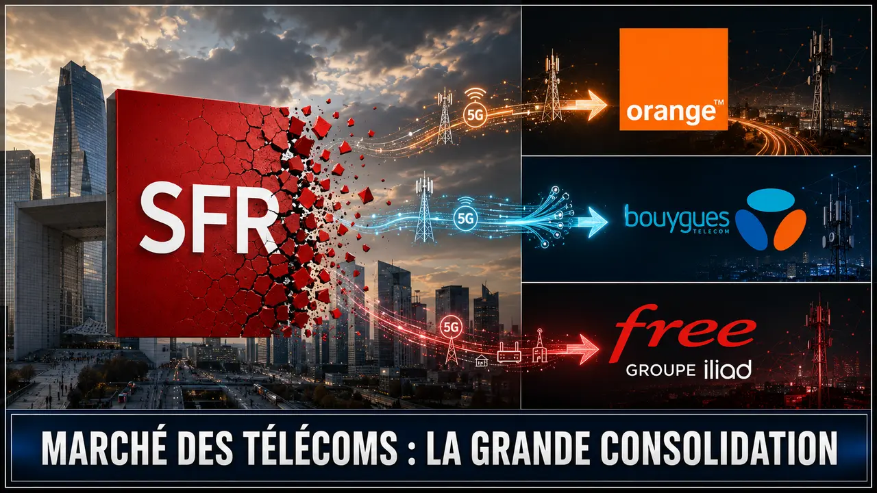 Infographie intitulée « MARCHÉ DES TÉLÉCOMS : LA GRANDE CONSOLIDATION » illustrant graphiquement l'éclatement de l'opérateur SFR et le transfert de ses flux (5G et réseaux) vers ses trois principaux concurrents français : Orange, Bouygues Telecom et Free (Groupe Iliad).