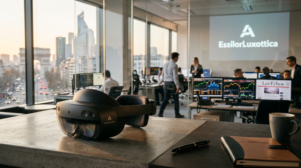 Logo EssilorLuxottica et casque Lynx R1 illustrant le rachat VR Lynx pour la réalité mixte.