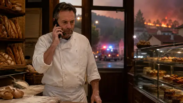 Boulanger inquiet au téléphone dans son commerce, avec un incendie visible au loin et des véhicules de secours en intervention.