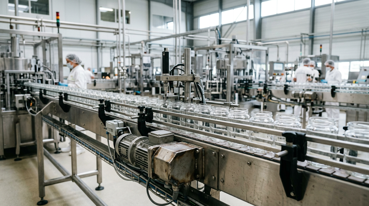 Ligne de production agroalimentaire après un Rappel confitures Bonne Maman pour risque de verre.
