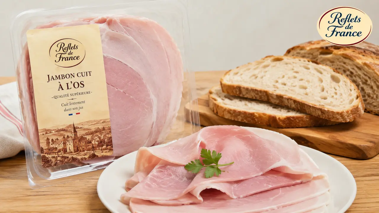 Jambon cuit à l’os Reflets de France vendu chez Carrefour, illustrant le rappel de deux jambons de la marque en France pour présence de Listeria.