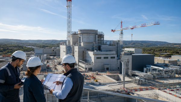 Des ingénieurs supervisent le chantier d’un réacteur de recherche nucléaire en construction, symbole des enjeux industriels et scientifiques français.