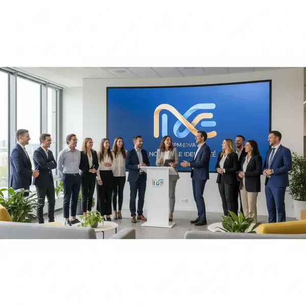 Une équipe de PME célébrant le lancement de leur nouveau branding en 2026, montrant un logo moderne et des couleurs dynamiques, symbolisant le succès d'un changement d'identité visuelle.