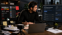 Infopreneur analysant et améliorant une formation en ligne, avec un contraste entre une offre confuse et un parcours pédagogique clair et structuré.