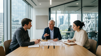 Cinq personnes souriantes et diverses, symbolisant une équipe fondatrice réussie, discutant autour d'une table dans un bureau moderne, illustrant le recrutement stratégique en start-up et PME.