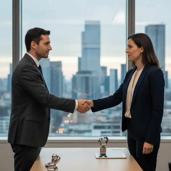 Illustration d'une main tendue entre deux personnes, symbolisant la médiation et la préservation de la relation client lors de la récupération d'impayés.