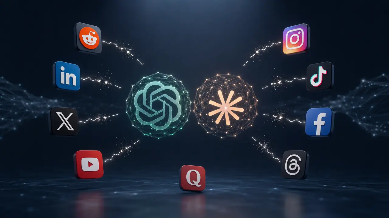 Illustration éditoriale en format 16:9 montrant les logos de Reddit, LinkedIn, X, YouTube, Instagram, TikTok, Facebook, Threads et Quora qui s’éloignent de deux noyaux d’intelligence artificielle représentant des LLM comme ChatGPT et Claude. Des connexions lumineuses rompues symbolisent la baisse d’influence des réseaux sociaux dans les sources citées par les IA génératives.