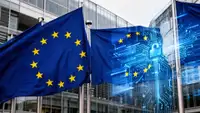 Illustration : drapeaux européens et éléments numériques symbolisant la réglementation DSA et DMA
