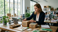Une petite entreprise agroalimentaire, symbolisée par un chef ou un artisan, confrontée à une pile de documents sur la réglementation emballages, avec des emballages durables en arrière-plan.