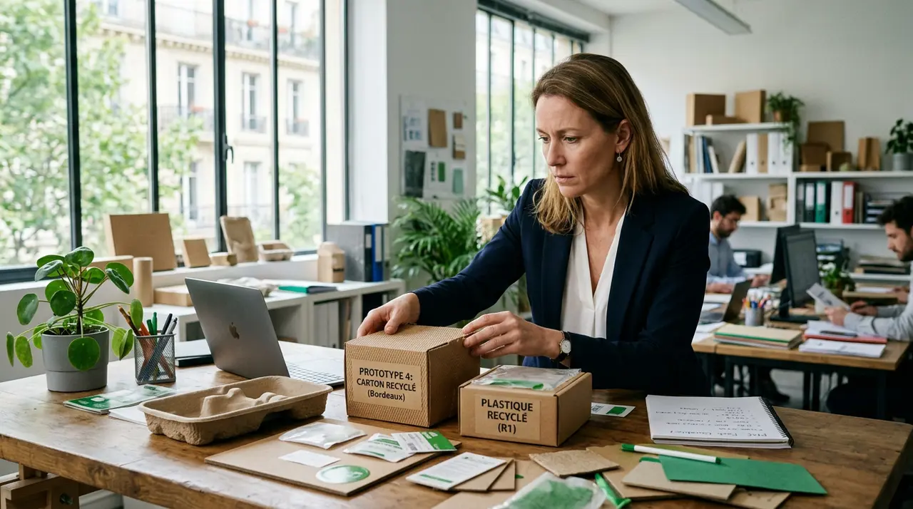 Une petite entreprise agroalimentaire, symbolisée par un chef ou un artisan, confrontée à une pile de documents sur la réglementation emballages, avec des emballages durables en arrière-plan.