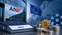 Illustration professionnelle de la réglementation européenne MiCA sur les crypto-actifs, avec le logo AMF affiché sur un bâtiment institutionnel, un drapeau de l’Union européenne, une carte de l’Europe en arrière-plan et plusieurs cryptomonnaies symbolisant la supervision du marché crypto en France et en Europe.
