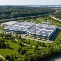 Illustration d'une usine moderne avec des PME et des symboles d'aides publiques, représentant la réindustrialisation et la relocalisation en France.