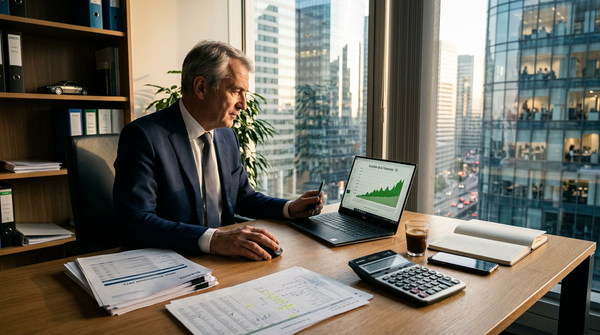 Dirigeant de PME souriant devant un ordinateur, analysant des chiffres, symbolisant la gestion stratégique d'un remboursement impôts inattendu.