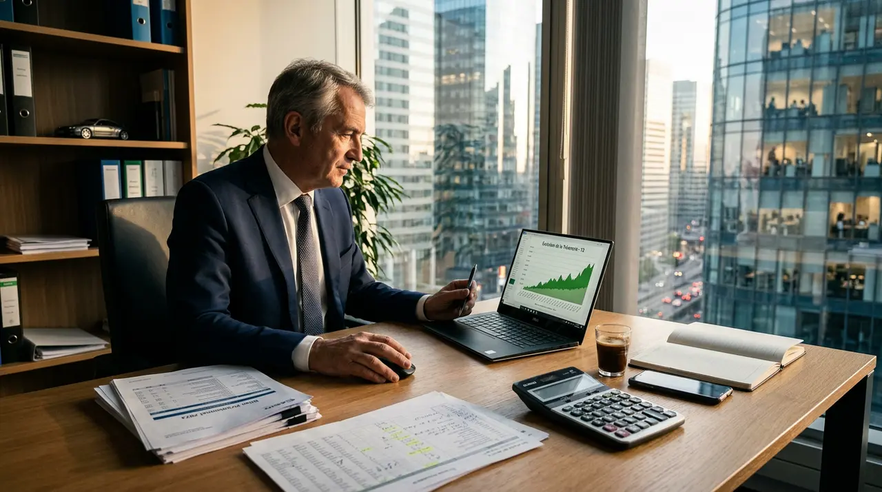 Dirigeant de PME souriant devant un ordinateur, analysant des chiffres, symbolisant la gestion stratégique d'un remboursement impôts inattendu.