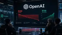 Tableau de bord financier d’OpenAI affichant 38 milliards de dollars de pertes face à 14 milliards de revenus, dans un environnement de data centers et d’infrastructure IA.