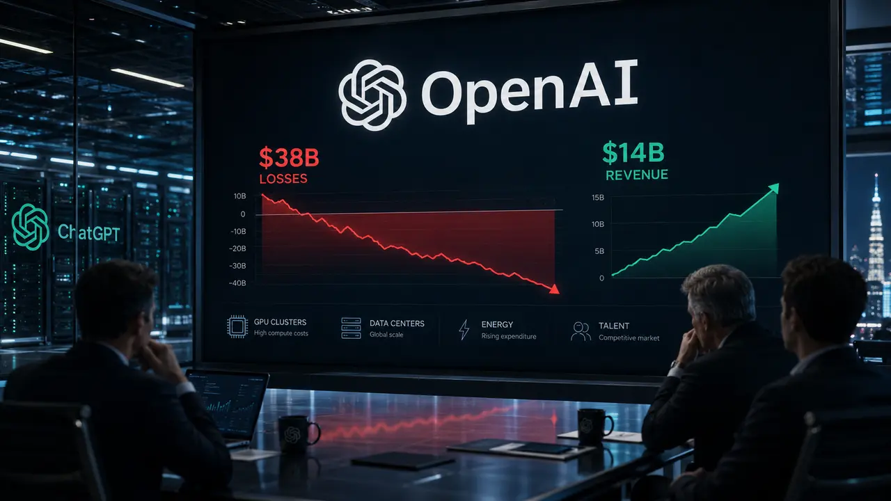 Tableau de bord financier d’OpenAI affichant 38 milliards de dollars de pertes face à 14 milliards de revenus, dans un environnement de data centers et d’infrastructure IA.