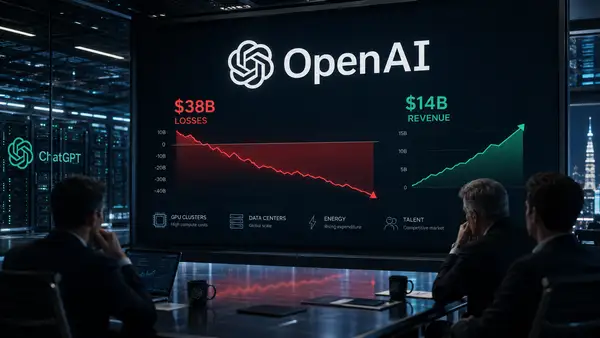 Tableau de bord financier d’OpenAI affichant 38 milliards de dollars de pertes face à 14 milliards de revenus, dans un environnement de data centers et d’infrastructure IA.