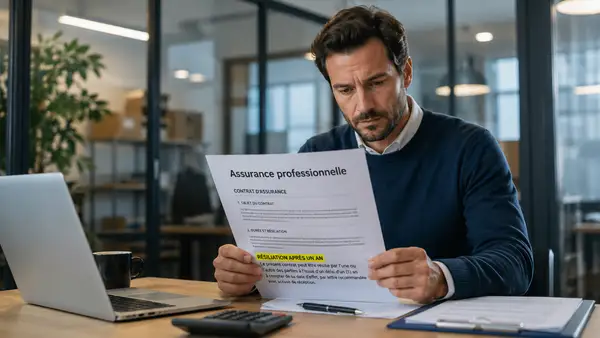 Dirigeant de PME consultant un contrat d’assurance professionnelle mentionnant la résiliation possible après un an.