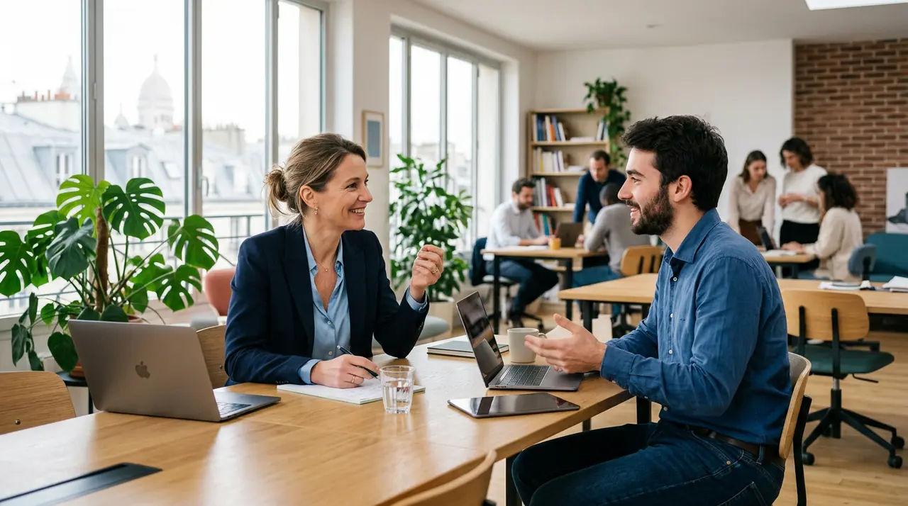 Une équipe de jeunes professionnels souriants et diversifiés travaillant ensemble, symbolisant l'attractivité des Ressources Humaines pour les PME.
