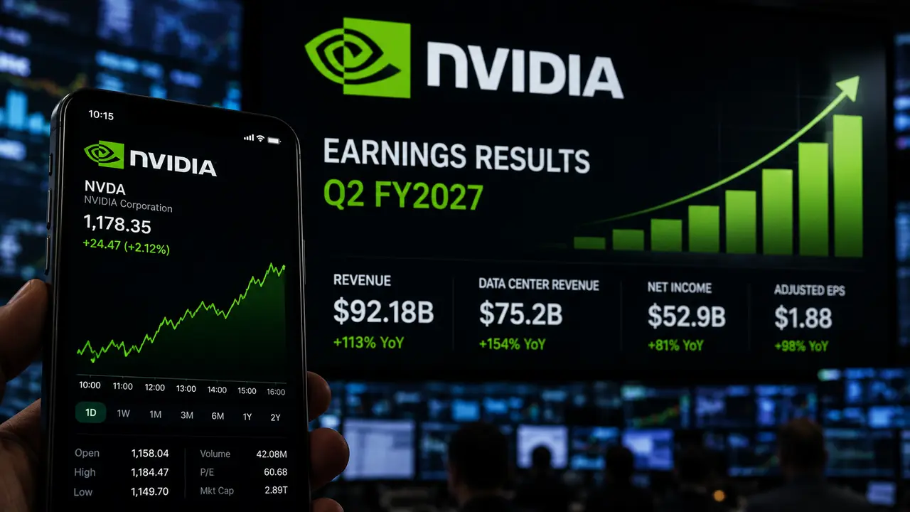 Résultats Nvidia du deuxième trimestre fiscal 2027 affichés sur des écrans financiers, avec le logo Nvidia, la progression de l’action NVDA et les principaux indicateurs de chiffre d’affaires et de data centers.