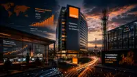 Siège d’Orange à Paris dans une scène futuriste mêlant tour télécom, datacenter, tableaux de performance et infrastructures numériques, pour illustrer les résultats du groupe et sa stratégie d’expansion dans l’IA.