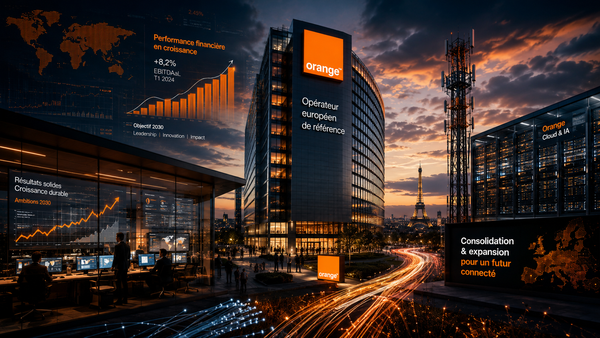 Siège d’Orange à Paris dans une scène futuriste mêlant tour télécom, datacenter, tableaux de performance et infrastructures numériques, pour illustrer les résultats du groupe et sa stratégie d’expansion dans l’IA.