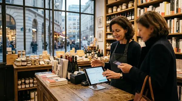 Un terminal de paiement moderne affichant des données d'analyse, symbolisant la convergence du retail de proximité, du paiement et de l'IA pour une gestion optimisée.