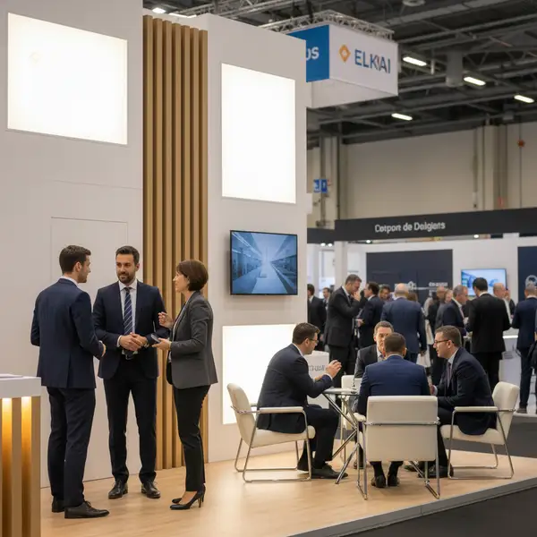 Une vue d'ensemble animée d'un salon professionnel en 2026, montrant des PME interagissant sur des stands modernes et technologiques, soulignant l'importance de réussir sa participation.