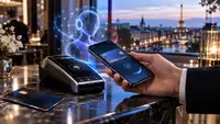 Illustration d’un paiement initié par intelligence artificielle en France, avec un smartphone effectuant une transaction sans contact sur un terminal bancaire, une carte de paiement et un agent IA numérique en arrière-plan, représentant l’expérimentation menée par Revolut et Visa autour du commerce agentique.