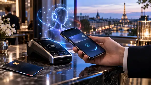Illustration d’un paiement initié par intelligence artificielle en France, avec un smartphone effectuant une transaction sans contact sur un terminal bancaire, une carte de paiement et un agent IA numérique en arrière-plan, représentant l’expérimentation menée par Revolut et Visa autour du commerce agentique.