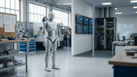 Un robot humanoïde futuriste interagissant avec un dirigeant de PME souriant, symbolisant l'accessibilité du Robot-as-a-Service pour les petites et moyennes entreprises.