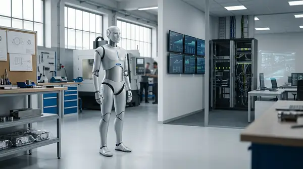 Un robot humanoïde futuriste interagissant avec un dirigeant de PME souriant, symbolisant l'accessibilité du Robot-as-a-Service pour les petites et moyennes entreprises.