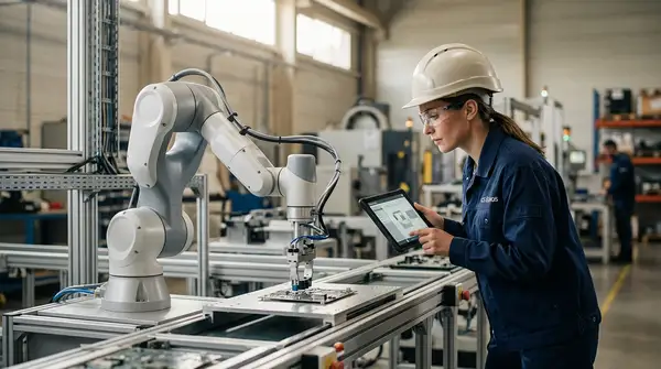 Un cobot collaboratif travaillant aux côtés d'un opérateur humain dans une usine de tôlerie fine, illustrant l'intégration réussie de la robotique collaborative en PME pour optimiser la production.