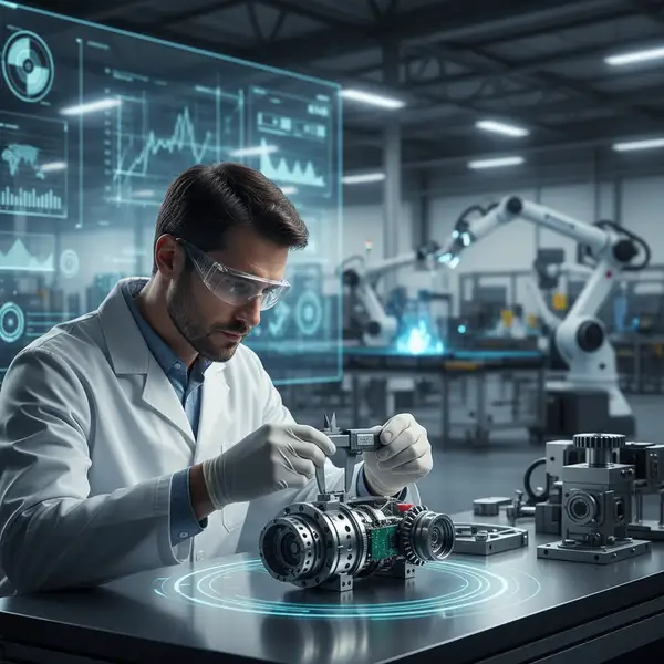 Illustration d'une usine moderne avec des éléments d'IA, symbolisant l'innovation et le ROI IA PME dans l'industrie.