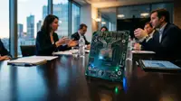 Illustration de puces RTX Spark Nvidio de Nvidia, symbolisant la concurrence face aux logos Intel et AMD sur un circuit imprimé de PC portable.