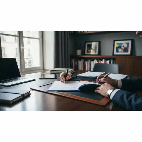 Illustration d'un dirigeant de PME souriant, serrant la main d'un employé, symbolisant une rupture conventionnelle PME réussie et sereine en 2026, avec des documents administratifs en arrière-plan.