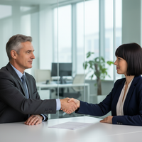 Illustration d'une poignée de main entre un employeur et un salarié signant un document, symbolisant la rupture conventionnelle procédure et l'accord mutuel.