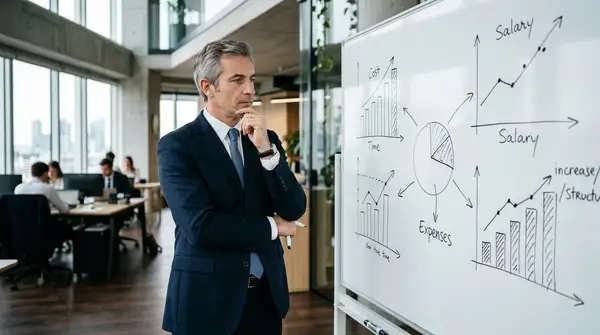 Dirigeant de PME analysant un graphique sur les salaires et l'inflation pour protéger ses marges.