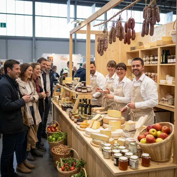Un artisan fromager souriant présentant ses produits locaux sur un stand du Salon de l'Agriculture 2026, illustrant les enjeux pour les circuits courts et l'artisanat français.