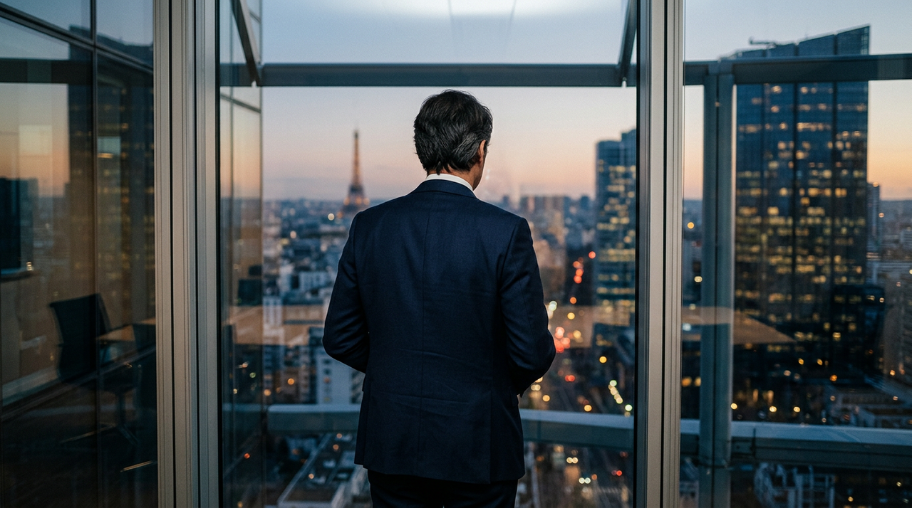 Un dirigeant de PME, l'air préoccupé, tenant sa tête, symbolisant la détresse psychologique et l'impact sur la santé des dirigeants.