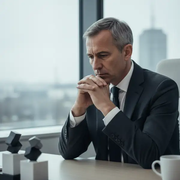 Dirigeant d'entreprise pensif et fatigué devant un ordinateur, illustrant le thème du burn-out entrepreneurial et sa prévention en 2026.