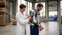 Un travailleur portant un exosquelette intelligent, symbolisant l'innovation et la prévention des troubles musculo-squelettiques pour une meilleure santé au travail.