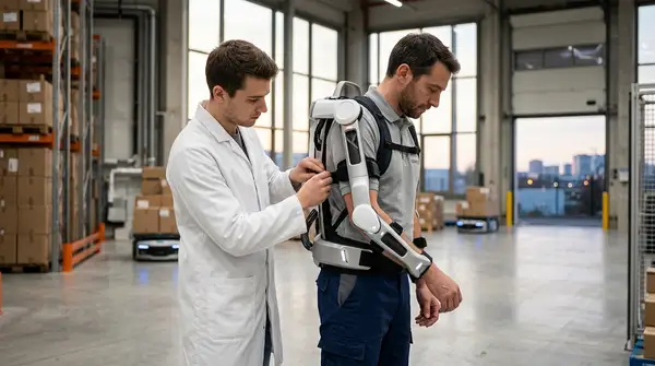 Un travailleur portant un exosquelette intelligent, symbolisant l'innovation et la prévention des troubles musculo-squelettiques pour une meilleure santé au travail.