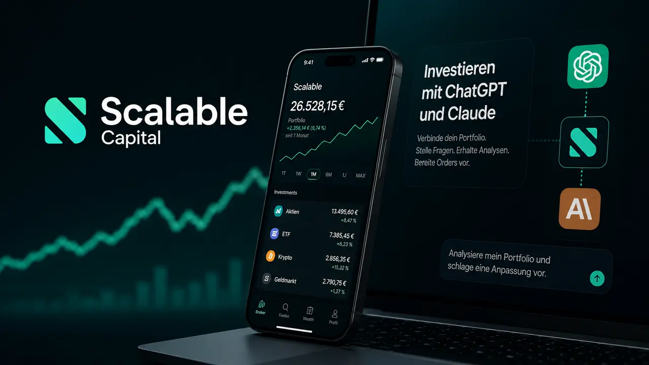 Scalable Capital connecté à ChatGPT et Claude, avec interface de portefeuille d’investissement et outils d’intelligence artificielle pour analyser et préparer des ordres.
