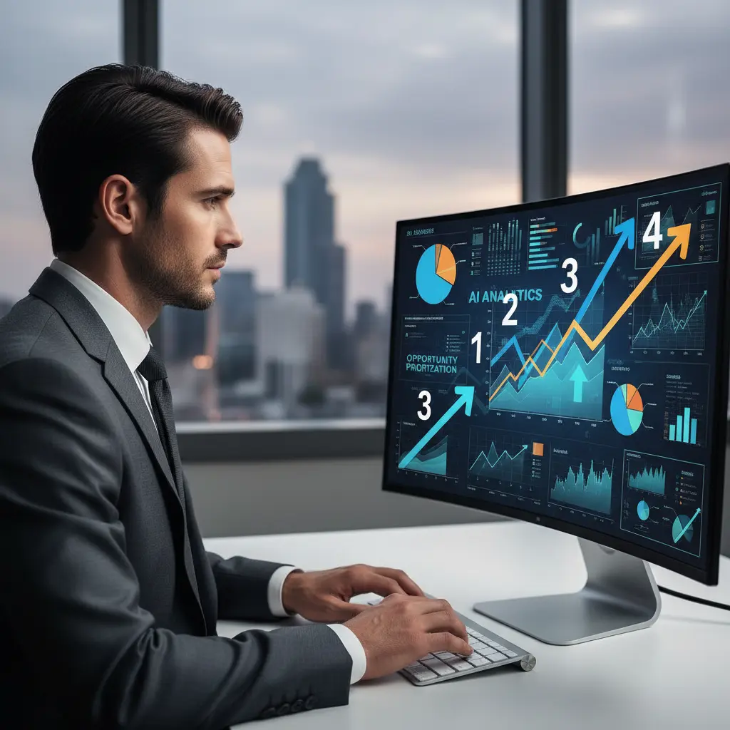 Un homme d'affaires utilise un système de scoring prédictif par IA pour prioriser ses opportunités commerciales