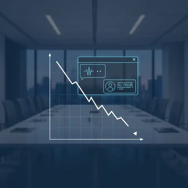 Illustration d'une intelligence artificielle conversationnelle (SearchGPT) synthétisant des informations, avec des graphiques de trafic web en baisse, symbolisant l'impact du SearchGPT SEO pour la survie des entreprises.