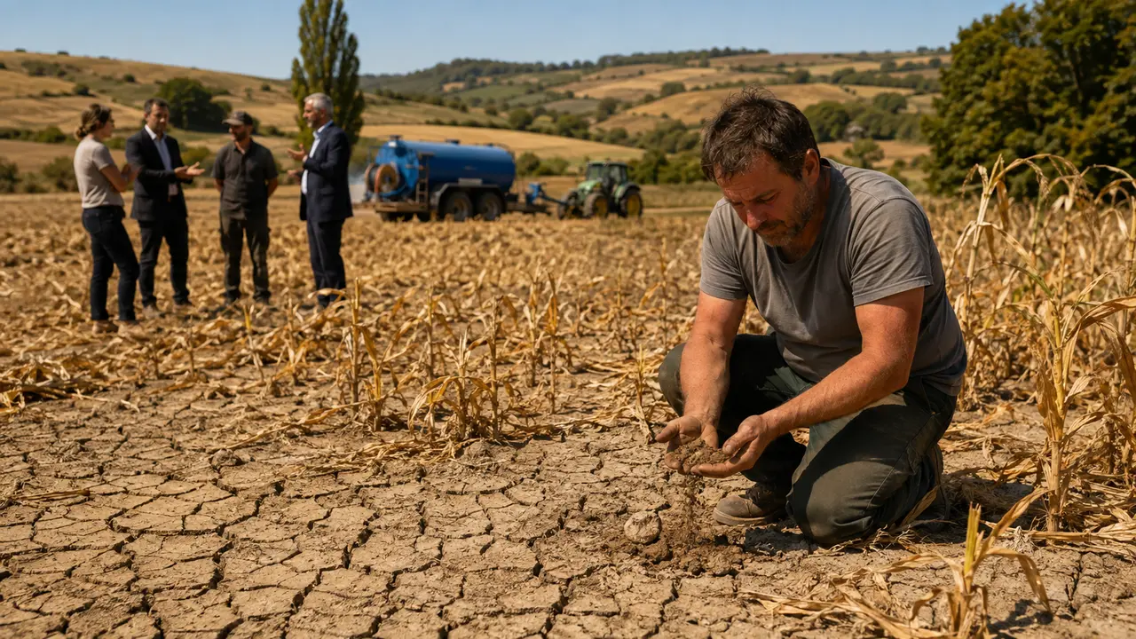 Agriculteur examinant un sol asséché et fissuré dans une exploitation agricole française touchée par la sécheresse 2026, avec cultures détruites, tracteur, citerne d’eau et représentants venus constater les dégâts, alors que l’État mobilise plus d’un milliard d’euros d’aides pour soutenir les agriculteurs.