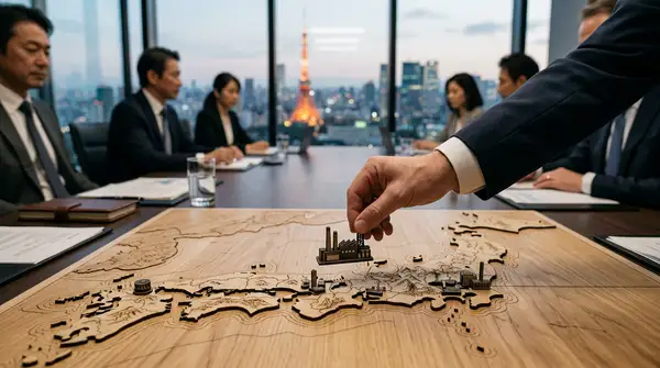 Illustration de la sécurité économique au Japon, avec des symboles de résilience et de coopération internationale, sans protectionnisme.