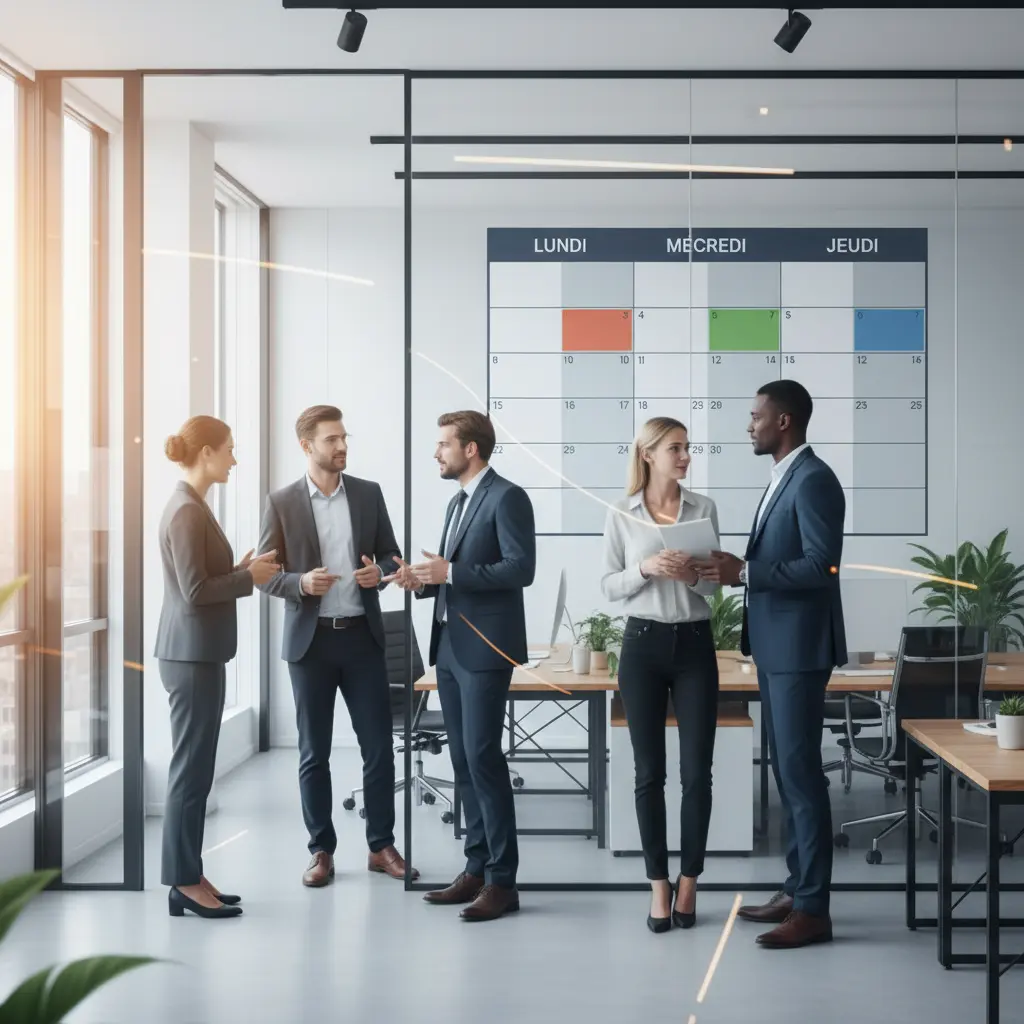 Illustration d'une équipe souriante travaillant dans un bureau moderne, symbolisant la productivité et le bien-être liés à la semaine de 4 jours en PME.