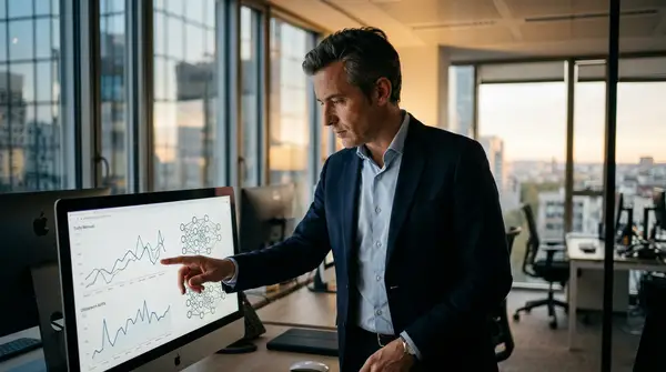 Illustration futuriste montrant des engrenages représentant le SEO et des circuits neuronaux symbolisant l'IA, avec une PME au centre, s'adaptant à cette nouvelle synergie.